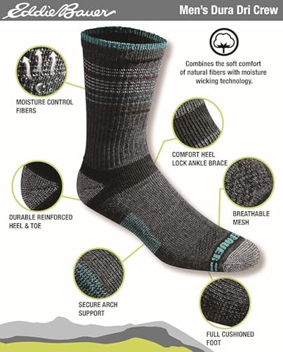 Eddie Bauer Men's Dura Dri Moisture Control Crew Socks (6 & 12 Packs) - color: Fashion Black Assorted (6 Pairs)