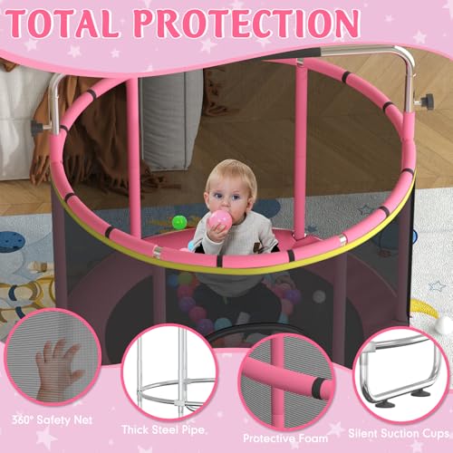 Trampoline for Kids, 55" Indoor & Outdoor Toddler Trampoline, Anti-Rollover Bottom Kids Toys with Adjustable Gymnastics Bars, Toddler Swing, Basketball Hoop - color: RoseRed