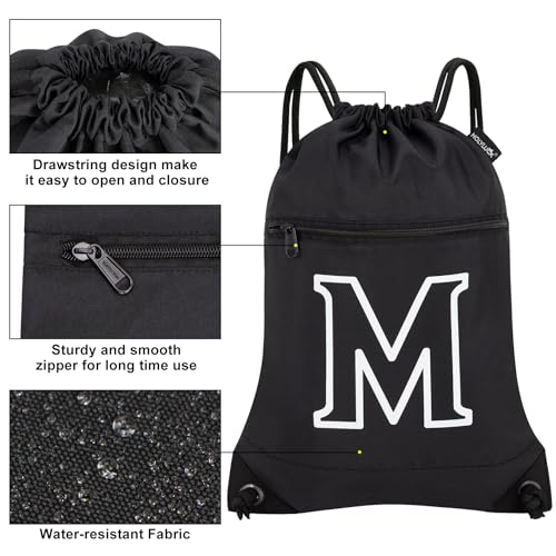 HOLYLUCK Drawstring Bags Initial Backpack Sackpack Cinch Bags for Sports, Gym, Travel, Beach (Black-M) - color: Black-m