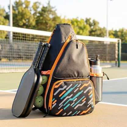 Pickleball Sling Bag with Shoe Compartment - Crossbody Backpack Fits 2 Paddles, 32oz Bottle & Fence Hook, Sports Bag for Men & Women (Shoe Limit: up to US Men's 10 / Women's 11.5) - color: Black/Amber