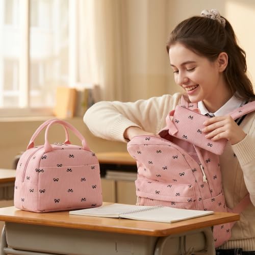 LEDAOU Kids Backpack for Girls Backpacks with Lunch Box, Lightweight Bookbag Set Elementary Middle School Back pack for 8-14 - color: Bow Pink Backpack