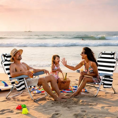 Backpack Beach Chair for Adults – 5 Position Reclining Low Beach Chair with Cooler, Cup Holder & Towel Bar, Lightweight Folding Beach Chair Backpack, Portable Lay Flat Beach Lounger – Black Stripe - color: Black Stripe