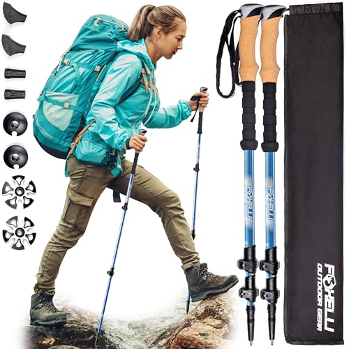 Foxelli Carbon Fiber Trekking Poles – Lightweight Collapsible Hiking Poles with Cork Grips, Quick Flip Locks & All-Terrain Accessories – Adjustable Height Hiking Sticks for Men & Women - color: Blue