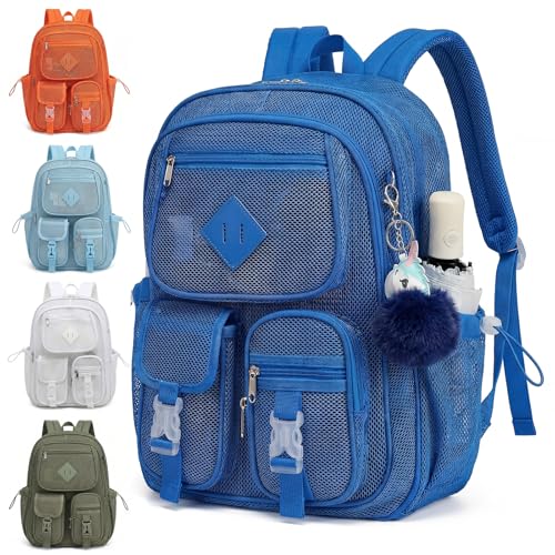 Mesh Backpack for Girls Boys, Heavy Duty Semi-Transparent Mesh Bookbag Womens Mens Mesh Backpacks for School, Sports, Beach, Swimming, Travel - Royal Blue - color: Royal Blue