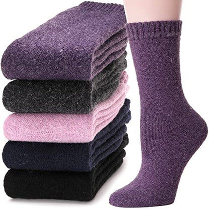MOGGEI 5 Pairs Womens Merino Wool Socks Hiking Warm Winter Thick Thermal Crew Cozy Cabin Ladies Gift Comfy Boot Work Socks - color: Warm Color C