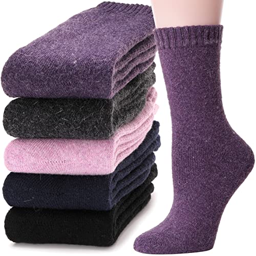 MOGGEI 5 Pairs Womens Merino Wool Socks Hiking Warm Winter Thick Thermal Crew Cozy Cabin Ladies Gift Comfy Boot Work Socks - color: Warm Color C