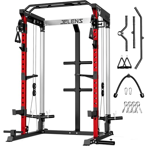 JELENS C21 Power Cage, 2000LBS Multi-Function Power Rack with Independent Dual Pulley System, All-in-One Squat Rack for Cable Crossover, Home Gym Workout Machine - color: Red, size: C21 Power Cage