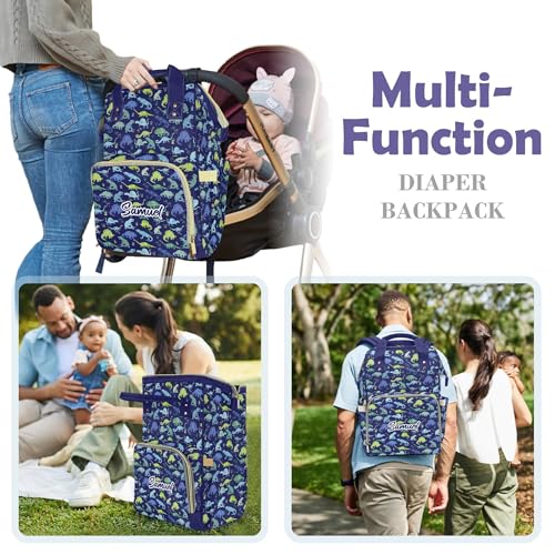 Customized Dinosaur Diaper Bag Backpack Nylon Blue Dino for Boys, Waterproof, Multifunctional, Large Storage Space Personalized Mommy Bag - color: Blue Dinosaur