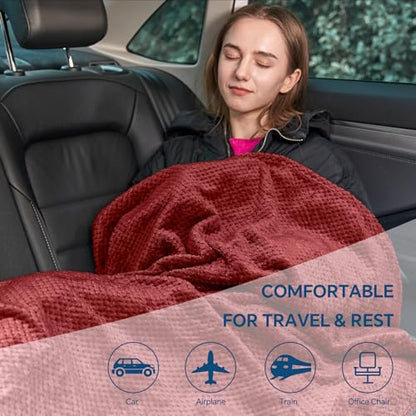 BEDELITE Travel Blanket with Bag, Ultra-Soft Jacquard Fleece Blanket with Luggage Sleeve & Backpack Clip, Airplane Blanket Travel Essentials, Burgundy - color: Burgundy