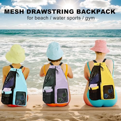 Mesh Beach Backpack with Wet Pocket Drawstring Pool Bag Waterproof Swimming Bag Gym Backpack for Men & Women - color: Yellow