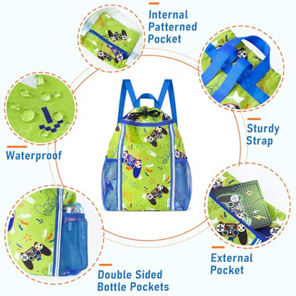 WAWSAM Drawstring Backpack for Kids, Game Kids Drawstring Gym Bag for Boys, Waterproof Swim Bag for Beach String Cinch Backpack with Two Mesh Water Bottle Pocket - color: Game