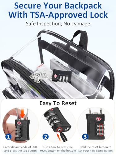 Extra Large Clear Backpack with TSA Lock, Heavy Duty Transparent See Through Clear Bookbag for College, Work, Travel, Casual Sport, Black - color: Black