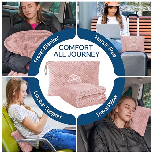 BEDELITE Travel Blanket with Bag, Ultra-Soft Jacquard Fleece Blanket with Luggage Sleeve & Backpack Clip, Airplane Blanket Travel Essentials, Pink - color: Pink