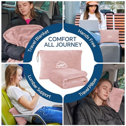 BEDELITE Travel Blanket with Bag, Ultra-Soft Jacquard Fleece Blanket with Luggage Sleeve & Backpack Clip, Airplane Blanket Travel Essentials, Pink - color: Pink