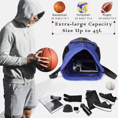 Basketball Backpack, 45 L Drawstring Sports Bag with Large Shoe Compartment and Wet Pockets for Women Men Gym Bag - color: Blue-45L