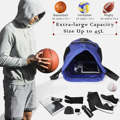 Basketball Backpack, 45 L Drawstring Sports Bag with Large Shoe Compartment and Wet Pockets for Women Men Gym Bag - color: Blue-45L