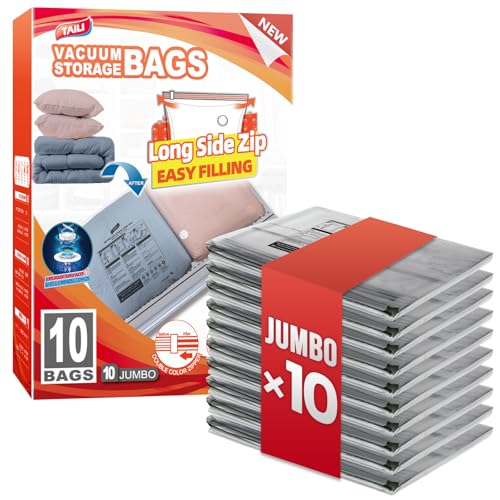 TAILI 10 Pack Vacuum Storage Bags, LONG SIDE ZIP (39x28 inch), Vacuum Seal Bags for Clothing, Jumbo Storage Space Saver for Beddings, Comforters, Blanket, Pillows and Clothes - size: 10 Jumbo
