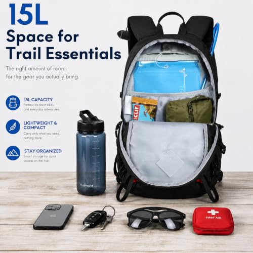 Haimont 15L Lightweight Hiking Daypack, Black | 1.19 lb Carry, Hydration Sleeve, Trekking Pole Loops, Breathable Back Panel, Whistle - color: Black
