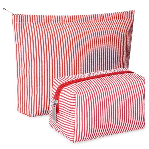 Huhumy 2 Pcs Makeup Bag Set Cute Cosmetic Pouch for Women Seersucker Travel Toiletry Bag Preppy Small Makeup Purse Pouch Aesthetic Skincare Brushes Storage Organizer for Valentine Women(Red) - color: Red, style: Thin Striped Seersucker