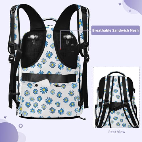 Travel Backpack with Shoe Compartment, 20L Large Capacity Laptop Backpack for Men Women, Blue Daisies Daypack for Traveling Hiking Carry On