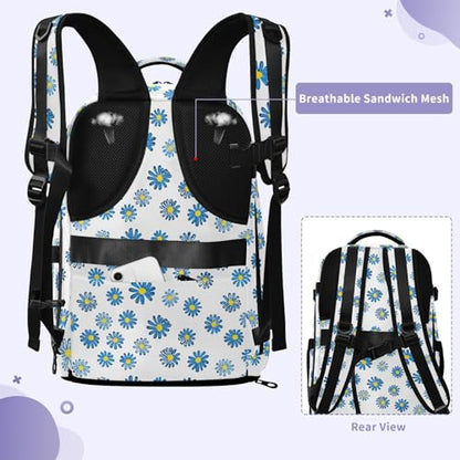 Travel Backpack with Shoe Compartment, 20L Large Capacity Laptop Backpack for Men Women, Blue Daisies Daypack for Traveling Hiking Carry On