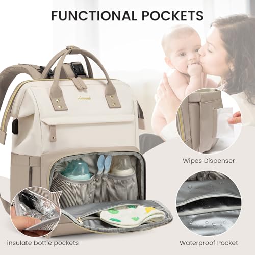 LOVEVOOK Diaper Bag Backpack, Baby Bag with Changing Station, Large Diaper Backpack for Moms Dads, Waterproof Leather Accents Baby Boy and Girl Bag for Travel Baby Essentials - color: Khaki-beige