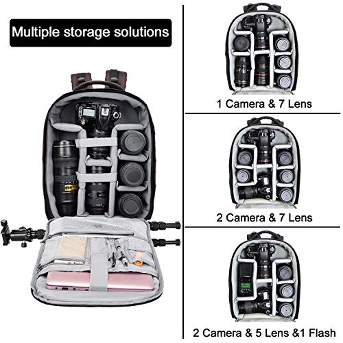 Cwatcun Camera Backpack with Rain Cover, Tripod Holder, USB Port, 15.6" Laptop Compartment, Waterproof Professional Photography Camera Case Bag for Canon Sony Nikon SLR DSLR Cameras, Lens, Brown