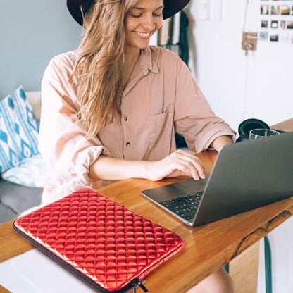 Puffy Laptop Sleeve 11 12 13 13.3 14 15 15.6 inch Case Protective Bag Quilted PU Leather Lined Padded - color: Red Quilted, size: 15.6 Inch
