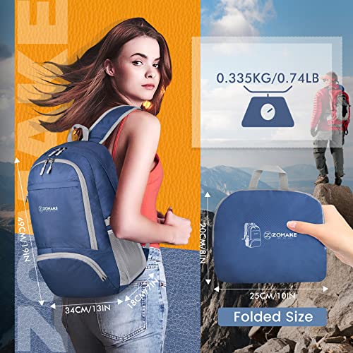 ZOMAKE Lightweight Packable Backpack 30L, Foldable Travel Hiking Daypack - color: B-navy Blue