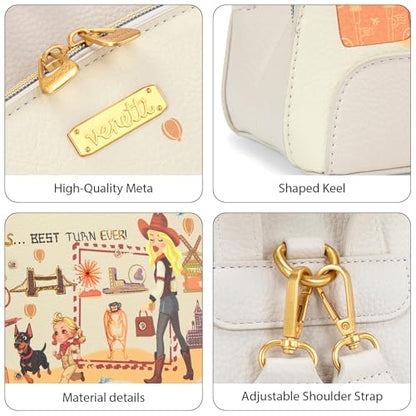 Venetti Cityscape Illustration Mini Backpack for Women and Girls, Cute Small Backpack Purse with Multi-Pocket and Zipper, Light Print Shoulder Bag Leather for Travel Daily Use VN-HB-001-BG - color: Beige