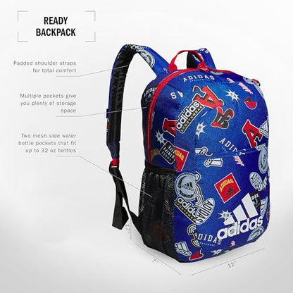 adidas Ready Small Backpack for women and men, durable laptop bag for work - color: Rec League Team Royal Blue/White/Better Scarlet