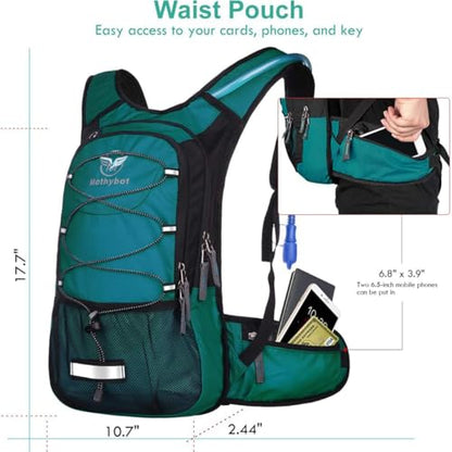 Mothybot Hydration Pack, Insulated Hydration Backpack with 2L BPA Free Water Bladder and Storage, Hiking Backpack for Men, Women, Kids for Running, Cycling, Camping - Keep Liquid Cool up to 5 Hours - color: Matte Emerald