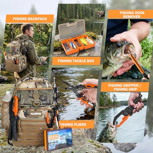 PLUSINNO Fishing Gear, Fishing Backpack with Fishing Rod, Tackle Box, Waterproof Tackle Backpack with Rod Holders,Lures, Tools, Pliers & Accessories, Fish Gifts for Men - color: Orange rod