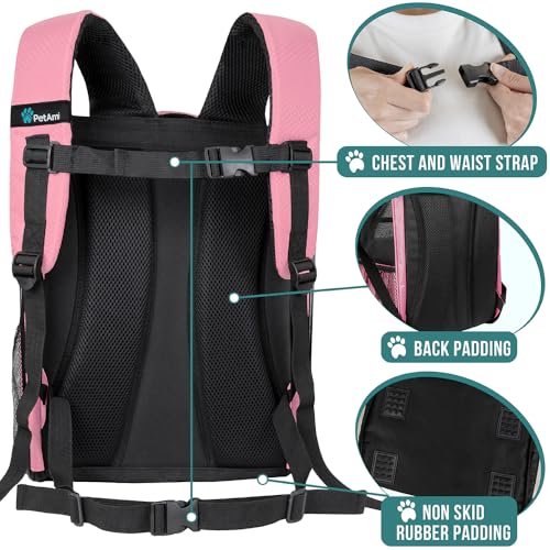 PetAmi Dog Backpack Carrier for Small Medium Dogs Large Cats up to 18 lbs, 2 Side Entry, Structured No-Collapse Frame, Airline Approved Ventilated Pet Backpack for Hiking Camping Travel Vet, Pink - color: Pink