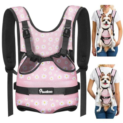 Pawaboo Pet Dog Front Carrier Backpacks, Legs Out Pet Carrier Backpack, Adjustable Easy-fit Dog Chest Carriers for Small Medium Dogs Hands Free for Travel Hiking Cycling Camping, M, Pink Daisy - color: AA-Pink Daisy, style: Medium (Pack of 1)