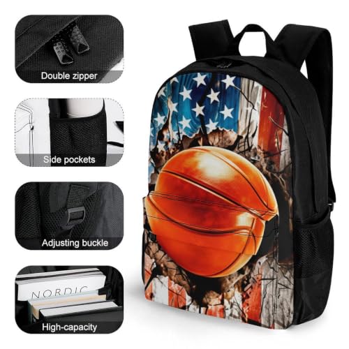 Basketball American Flag Backpack, Durable Polyester Daypack with Laptop Compartment, Reinforced Bottom, Adjustable Shoulder Straps And Multi Pockets for Travel And Daily Use - color: Basketball American Flag