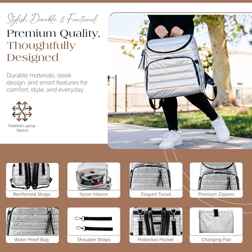 Citi Collective Gallery Diaper Bag Backpack - Casual Day-to-Day Backpack Fits 15" Laptop - Travel Bag with Multiple Compartments, Pockets, Portable Changing Pad, and Shoulder Strap-Silver - color: Silver