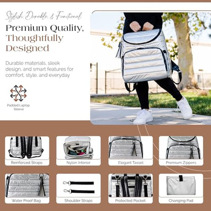 Citi Collective Gallery Diaper Bag Backpack - Casual Day-to-Day Backpack Fits 15" Laptop - Travel Bag with Multiple Compartments, Pockets, Portable Changing Pad, and Shoulder Strap-Silver - color: Silver