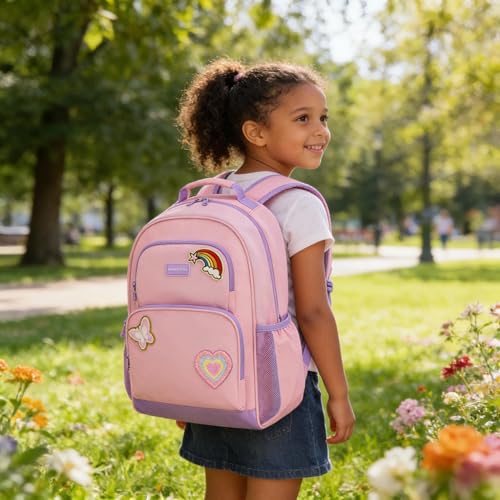 mommore Kids Backpack for Boys Girls 4-8 Kindergarten Elementary School Backpack with Lunch Box - 15” H Fit Folder - color: Pink Purple-custom, style: 3 Pcs