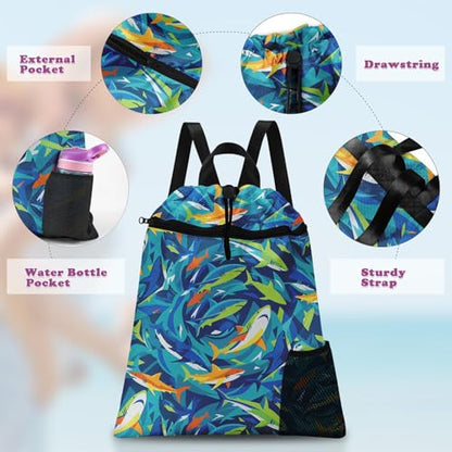 Blue Shark Drawstring Backpack, 15” x 17” Waterproof Swim Bag for Beach Swimming Pool, Lightweight Foldable Gym Bag with Water Bottle Holder for Sports Travel - color: Blue Shark