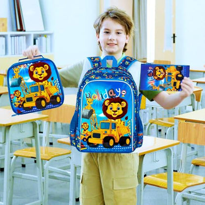 16" Kids Backpack for Boys, 3Pcs Excavator Bookbag Set for Elementary Preschool Kindergarten, Lion School Backpacks with Lunch Box(Blue) - color: Lion Blue