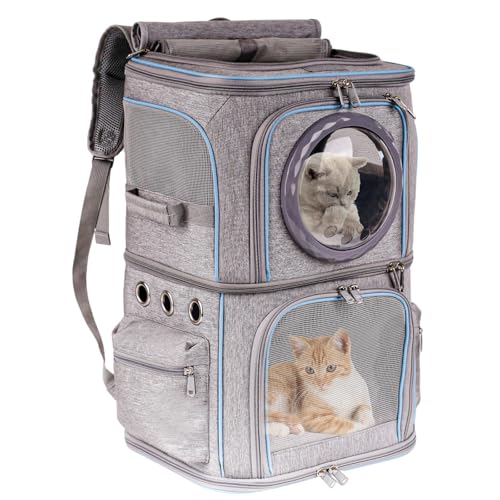 2-in-1 Pet Carrier Backpack for Two Cats or One Dog, Double-Layer 2 Compartment Carry Bag to Transport Small Animals Traveling and Hiking, Space Capsule Clear Bubble Dome - color: Grey