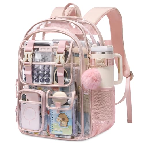 LOVEVOOK Clear School Backpack for Teen Girls,Student Backpack for 8-16 Teenage,Cute Kid Bookbag with Large Cup Holder,Back to School Backpack Fit 15.6 Inch Laptop,College Travel Bag for Daughter Gift - color: Pink-clear, size: 15.6 inch-clear