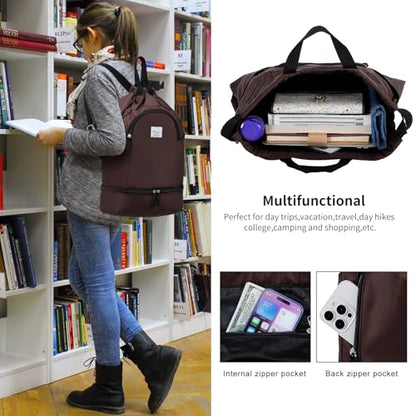 Kamo Drawstring Backpack Bag - Sport Swimming Yoga Backpack with Shoe Compartment, Two Water Bottle Holder for Men Women Large String Backpack Athletic Sackpack for Travel - color: Dark Brown