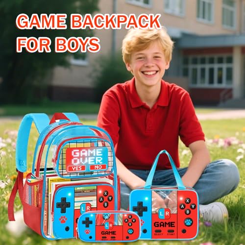SHPMXUPW 3PCS Clear Backpack for School - Gamer Kids Clear Backpacks for Boys and Girls, Heavy Duty Transparent Bookbag with Lunch Bag and Pencil Case - See Through PVC Transparent Bookbag - color: Blue-Game over