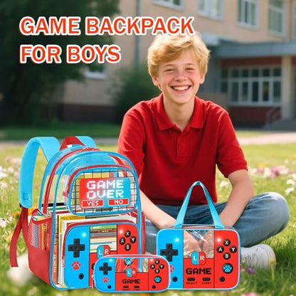 SHPMXUPW 3PCS Clear Backpack for School - Gamer Kids Clear Backpacks for Boys and Girls, Heavy Duty Transparent Bookbag with Lunch Bag and Pencil Case - See Through PVC Transparent Bookbag - color: Blue-Game over