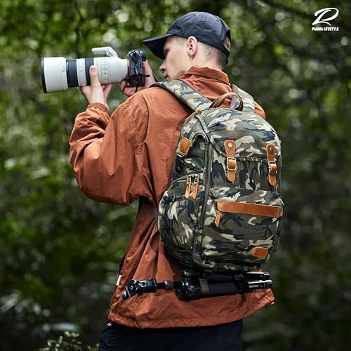 Padwa Lifestyle Camouflage Canvas Camera Backpack - Professional DSLR & UAV Camera Bag,Anti Theft Camera Backpack with Rain Cover,Large Capacity Photography Travel Camera Bag with Multi Compartments - color: Camouflage Canvas, style: Canvas Bag Flap