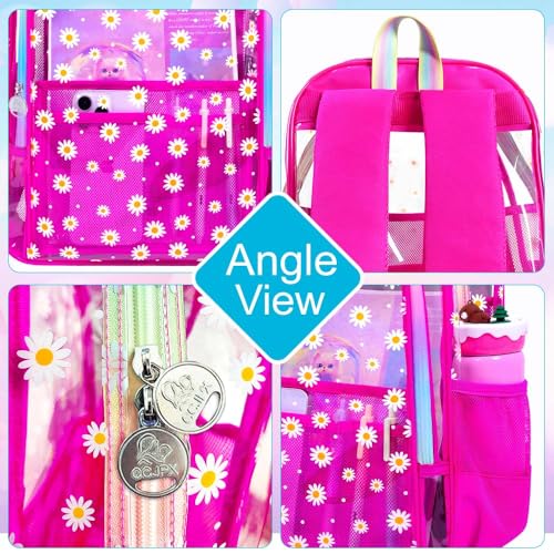 gxtvo 3PCS Transparent Backpack Heavy-Duty Set for Women & Teen Girls, 17" Rose Clear Bookbag with Rainbow Strap, Cute Chrysanthemum See Through School Bag - color: Rose Chrysanthemum Clear Backpack Set