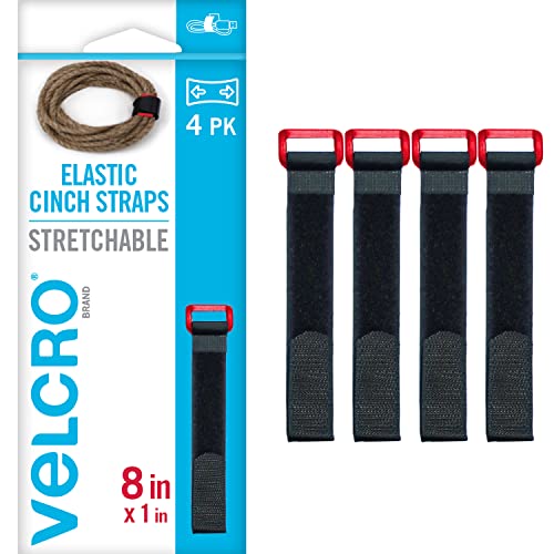 VELCRO Brand VEL-30791-AMS Elastic Cinch Straps with Buckle | 8in x 1in, Pk of 4 | Fully Adjustable and Stretch for Snug Fit | for Fastening Power Cords, Ropes, Organizing Cables, More | Black - size: 4PK Small 8"