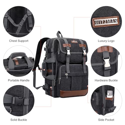 WITZMAN Canvas Travel Backpack for Men Large Laptop Backpack Fit 16 inch Carry-on Airline Approved Convertible Shoulder Rucksack(A6617-3 Black) - color: Black